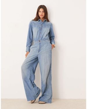 Wrangler Western Wide Leg Jumpsuit With Raw Hems - Blue