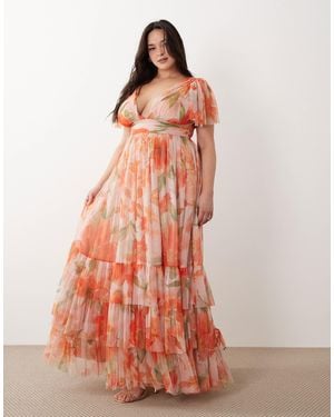 Lace & Beads Plus Bridesmaid Madison Smocked Plunge Neck Flutter Sleeve Maxi Dress - Orange