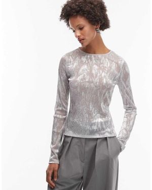 ASOS Sheer Mesh Long Sleeve Metallic Animal Print Top - Grey