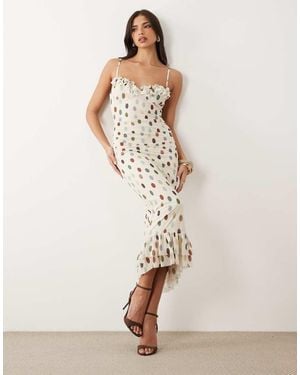 ASOS Printed Polka Dot Stretch Chiffon Midi Dress With Frill Bust Detailing - Natural