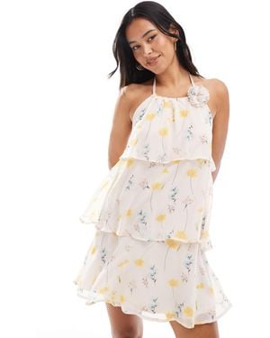 Pieces Ruffle Tiered Mini Dress With Corsage Detail - White