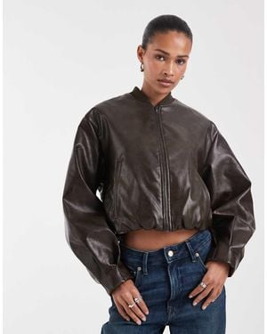 BRONZE SNAKE Zip Up Faux Leather Bomber Jacket - Grey