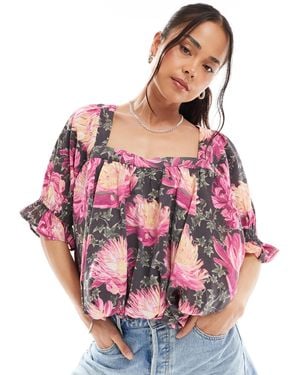 ASOS – bluse mit eckigem ausschnitt, puffärmeln und blumenmuster - Pink