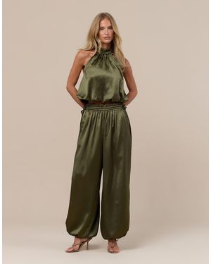 Wanderdoll Summa Satin Balloon Leg Cinched Waist Detail Trousers - Green