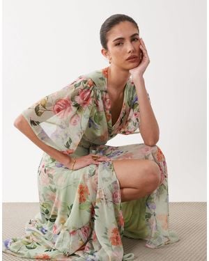 Hope & Ivy Flutter Sleeve Maxi Wrap Dress With Tie Waist - Green