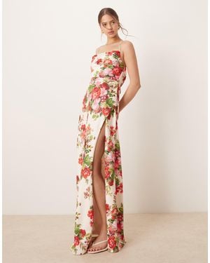 Hope & Ivy Cowl Neck Cross Back Maxi Dress With Thigh Split - Natural