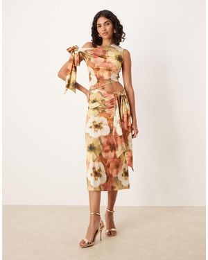 ASOS Fallen Shoulder With Tie Detail Midi Dress - Natural