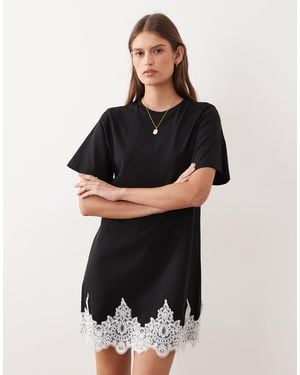 ASOS Short Sleeve Mini Dress Lace Trim Hem - Black