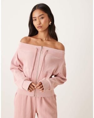 ASOS Waffle Off Shoulder Zip Through Sweat - Pink