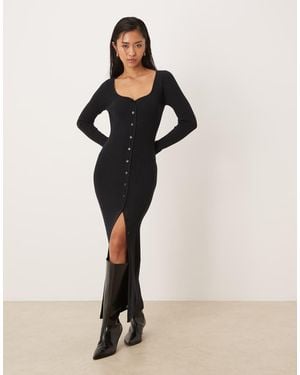 Abercrombie & Fitch Long Sleeve V Neck Fitted Maxi Dress - Black