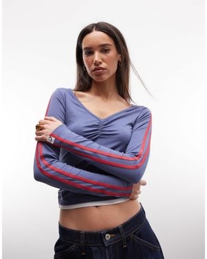 Collusion Long Sleeve Ruched V Neck Sports Tee - Blue