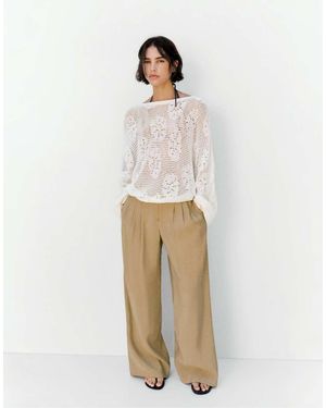 Pull&Bear Broek Met Wijde Pijpen En Figuurnaden - Wit