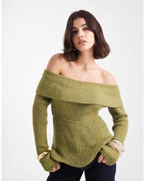 Vero Moda Rib Knitted Bardot Top - Green