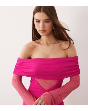 Kaiia Exclusive Textured Mesh Bardot Angel Sleeve Sheer Panel Detail Maxi Dress - Pink