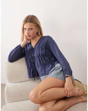 Threadbare Shirred Long Sleeve Blouse With Tie Front - Blue