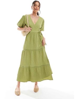 Wednesday's Girl Textured Wrap Detail Puff Sleeve Midi Dress - Green