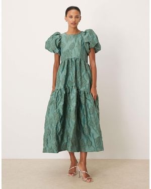 Sister Jane Harmonia Jacquard Puff Sleeve Midi Dress - Green