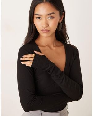 Gina Tricot Long Sleeve V Neck Top - Black