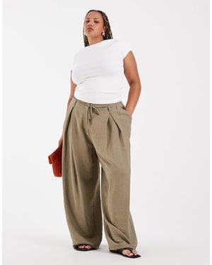 ASOS Asos Design Curve Textured Wide Leg Pants With Tie Waist - Natural