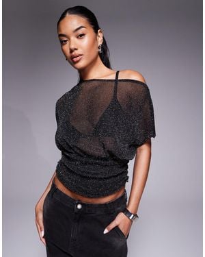 ASOS Asymmetric Shoulder Semi Sheer Metallic Top - Grey