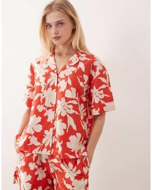 GANT Linen Mix Floral Print Boxy Fit Shirt - Red