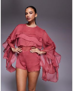 Bardot Carson Chiffon Sheer Ruffle Caped Exaggerated Sleeve Playsuit - Red