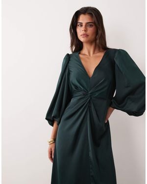 Y.A.S Knot Front Volume Sleeve Satin Midi Dress - Black