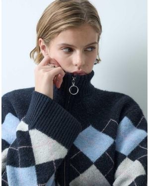 Miss Selfridge Zip Funnel Neck Argyle Cardigan - Multicolour