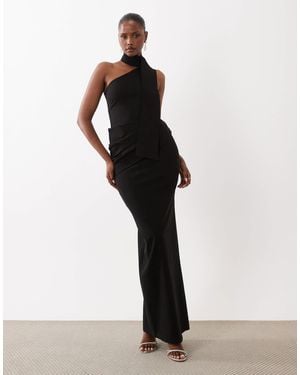 Vesper Bengaline Scarf Detail Ruched Drape Front Maxi Dress - White