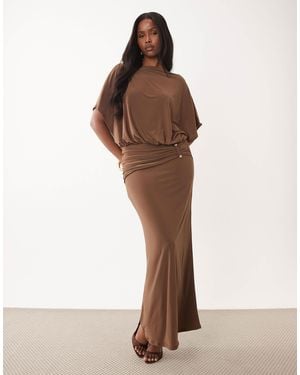ASOS Angel Sleeve Blouson Column Maxi Dress With Ruched Metal Hardware Detail - Brown