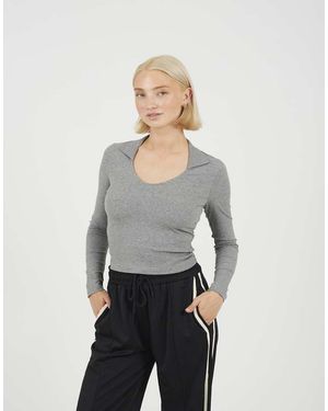 Brave Soul Ribbed V-Neck Collared Top - Grey