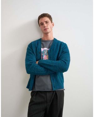 TOPMAN Classic Fit Brushed Knitted Cardigan - Blue
