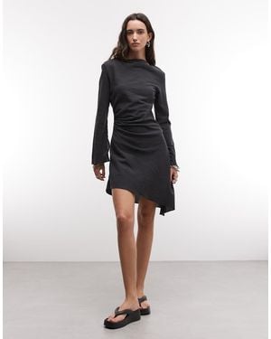 Weekday Crinkle Long Sleeve Mini Dress With Open Back And Asymmetric Hem - Multicolour