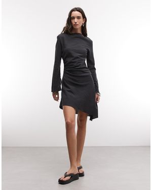 Weekday Vestido Corto Negro Apagado De Manga Larga Con Espalda Abierta Y Bajo Asimétrico De Tejido Rugoso - Multicolor