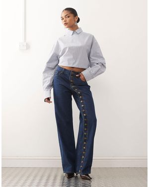 Lioness Penny Asymmetric Button Detail Wide Leg Jeans - Blue
