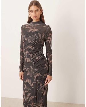 ASOS Vestido Midi De Manga Larga Con Detalle Drapeado En La Parte Delantera De - Multicolor
