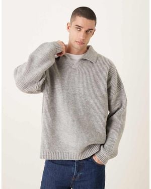 ASOS Super Oversized Boxy Fit Knitted Fisherman Rib Notch Neck Jumper - Grey