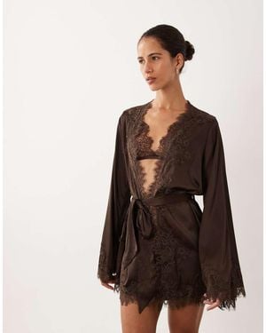 KAT THE LABEL Olivia Satin Lace Robe - Brown