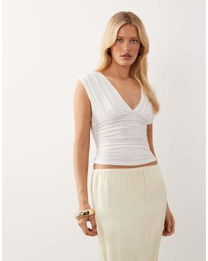 Miss Selfridge V-neck Ruched Tank Top With Picot Trim - Natural