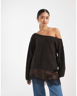 Miss Selfridge Fluffy Asym Jumper With Contrast Satin Lace Hem - Black