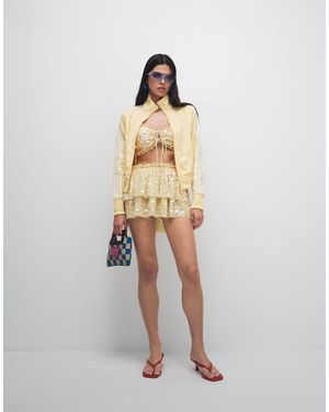 Miss Selfridge Minifalda Playera Color Crema Con Volantes De Lentejuelas Premium-Amarillo - Blanco