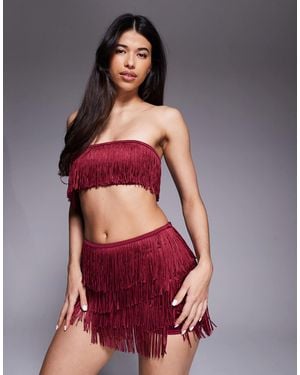 Oh Polly Bruma Fringed Bandeau Lace-up Crop Top Co-ord - Red