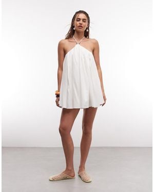 Noughts & Kisses Linen Blend Beaded Strap Detail Halterneck Lace Up Back Mini Dress - White