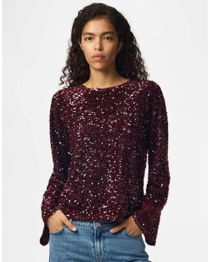 Pieces Kammy Sequin Relaxed Fit Crew Neck Long Sleeve Top - Red