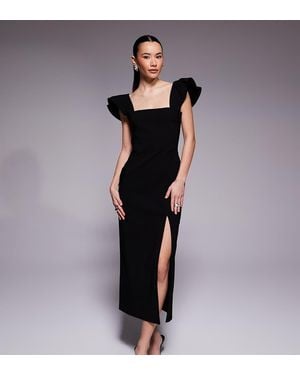 Vesper Petite Bengaline Square Neck Ruffle Sleeve Side Split Midaxi Dress - Black