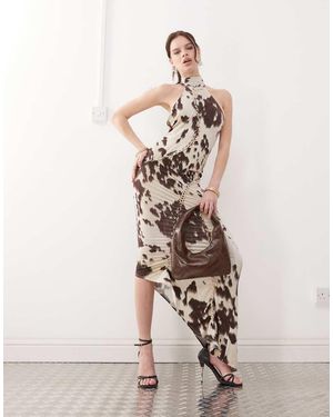 The Kript Slinky High Neck Asymmetric Maxi Dress - Natural