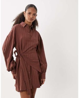 ASOS Long Sleeve Blouson Tie Waist Mini Shirt Dress - Brown