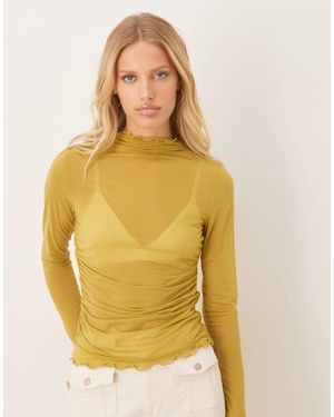 ASOS High Neck Mesh Semi Sheer Long Sleeve Top - Yellow