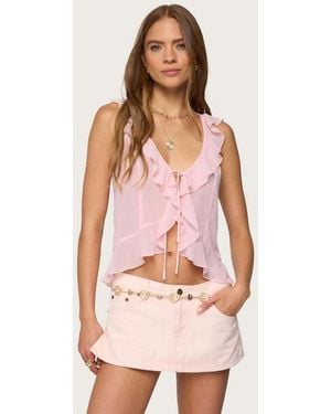 Edikted Roxan Ruffle Chiffon Tie Front Top - Pink