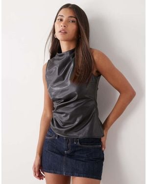 Noisy May High Neck Faux Leather Asymmetric Top - Blue
